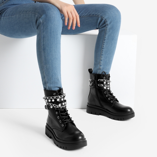Chains Pearl Chunky Lug Sole Boots - BLACK - 1